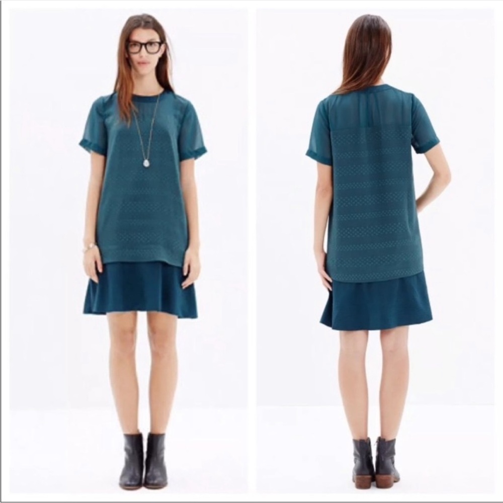 MADEWELL Slowbeat Teal Polka Dot Ruffle Trim Shift Dress